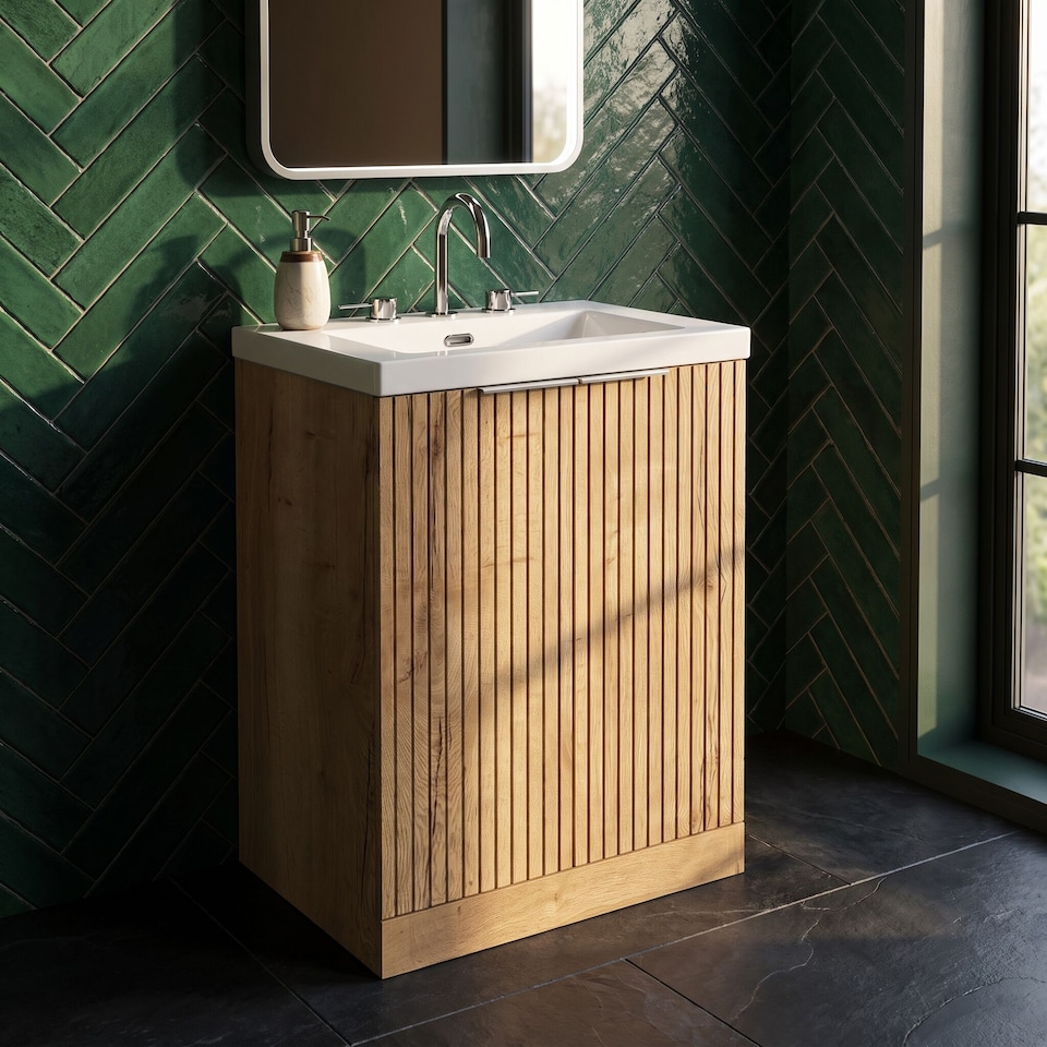 image 1 of Balterley Callingwood Contemporary Floor Standing 2 Door Vanity Unit with 3 Tap Hole Fireclay Basin , 600mm, Autumn Oak