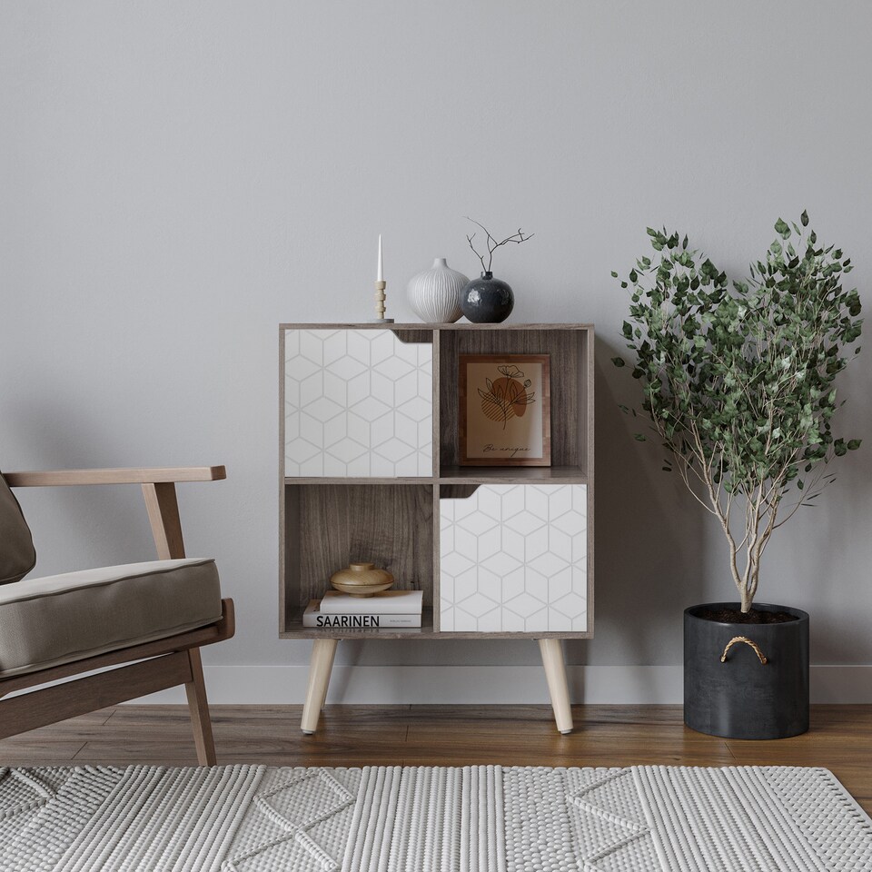 image 1 of Anthracite Oak 4-Cube Storage Unit with 2 Geo Doors and Legs | White | White & Pine | 1