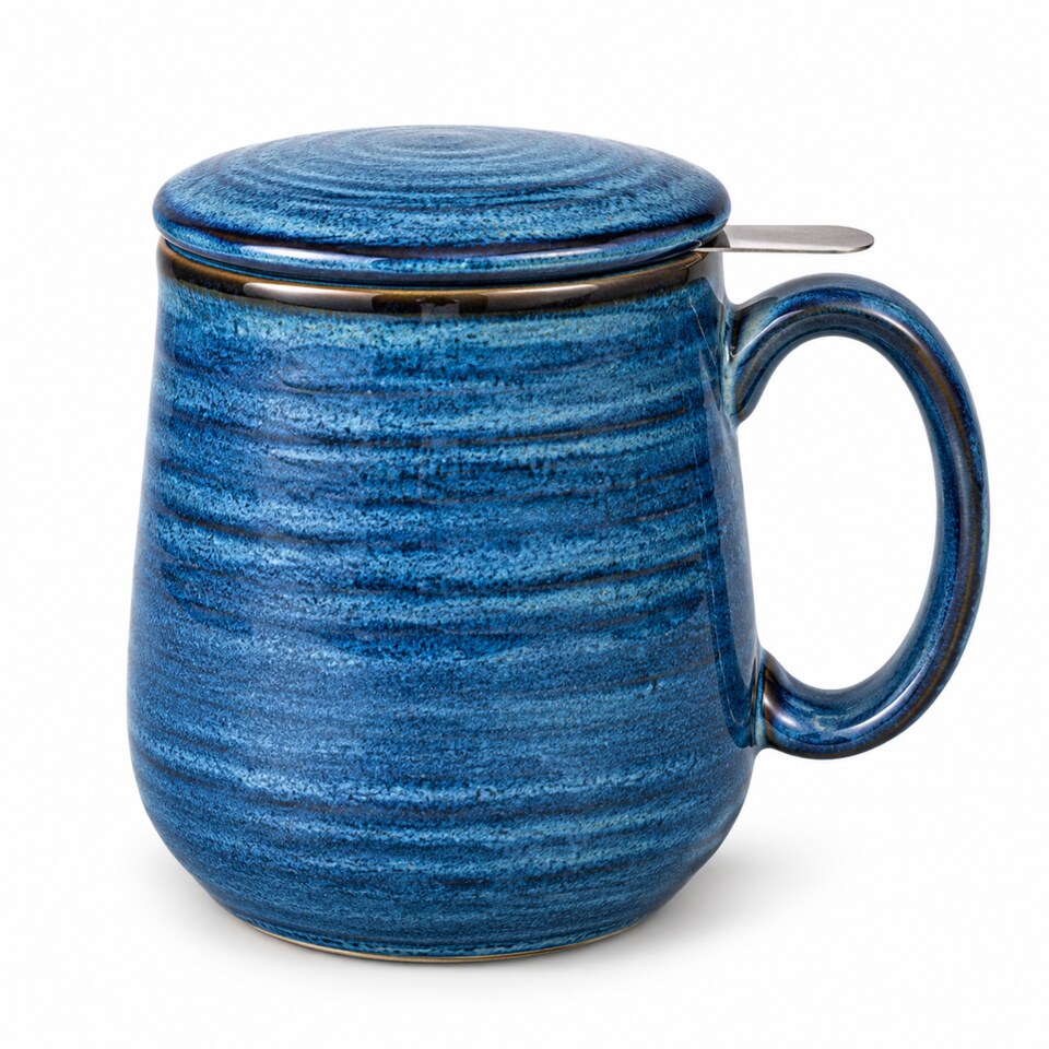 image 1 of Skandi Home 600ml Navy Reactive Glaze Ceramic Aska Infuser Mug with Lid