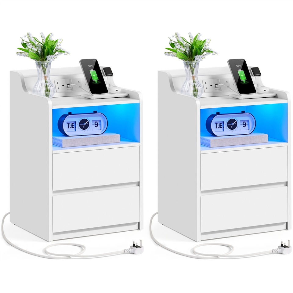 image 1 of Yaheetech Set of 2 Bedside Tables with 2 Storage Drawers and Open Compartment-White