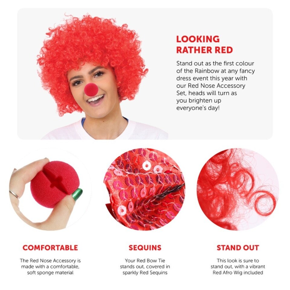 image 1 of 3 Piece Red Set - Red Nose, Curly Wig & Sequin Bow Tie Red | One Size