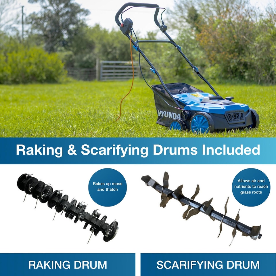 Electric Rakers Hyundai 14” / 36cm 2 in 1 Electric Lawn Scarifier and Aerator with 45L ...