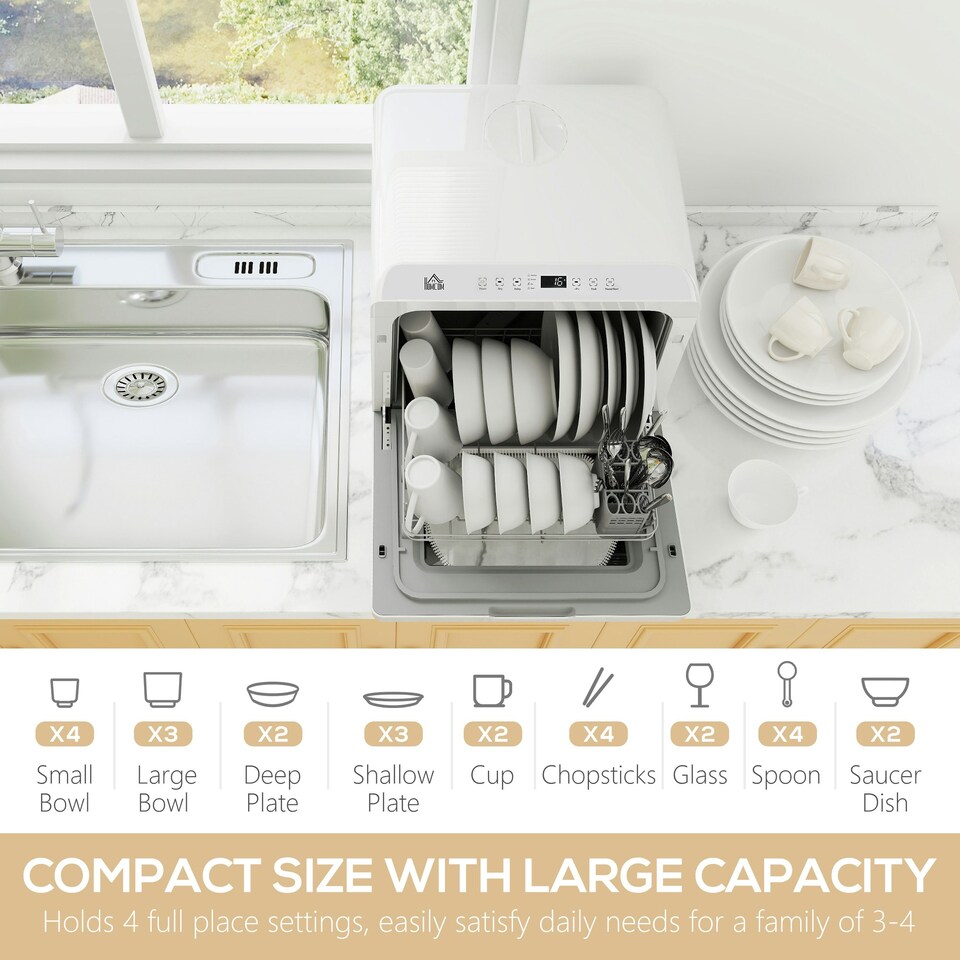 image 1 of HOMCOM Worktop Dishwasher w/ 4 Place Settings 6 Programs, White