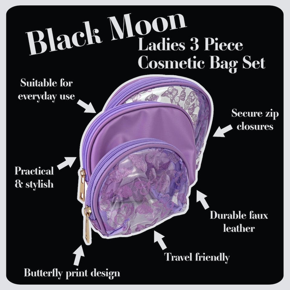 image 1 of 3 Piece Ladies Butterfly Print Cosmetic Bag Set Makeup Toiletry Travel Bags