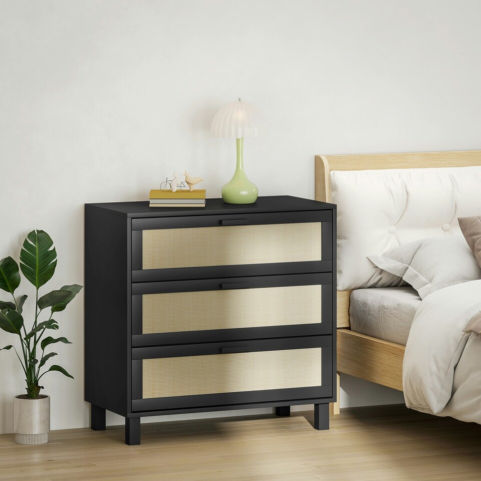 image 1 of HOMCOM 3 Drawer Cabinet Storage Cupboard Sideboard Organiser, Black Black | Nature Wood Finish