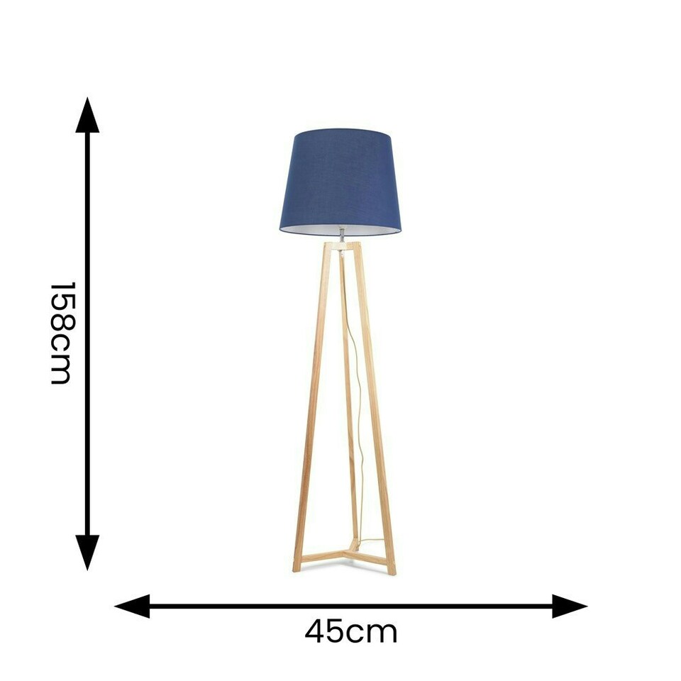 image 1 of ValueLights Lottie Natural Wood Tripod Floor Lamp with Navy Blue Fabric Tapered Shade