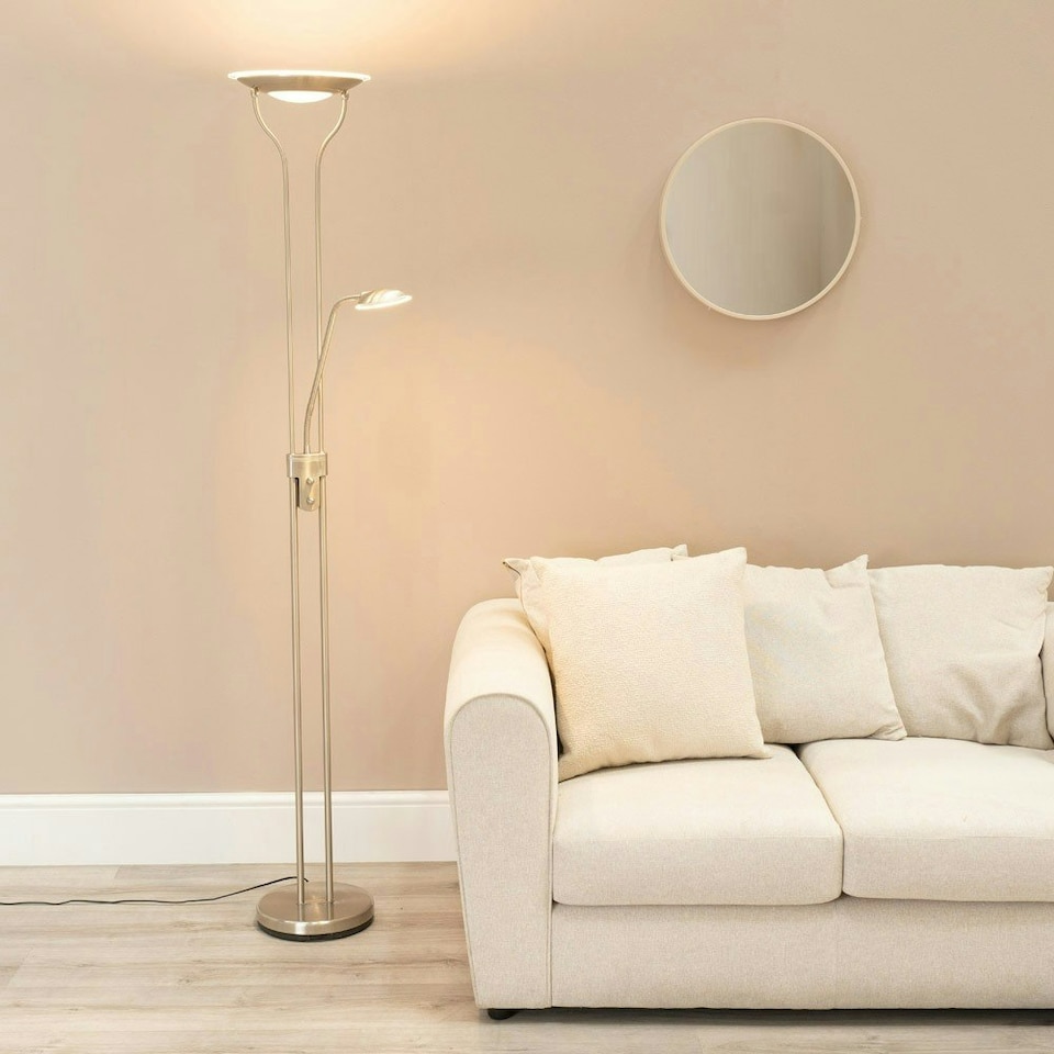 image 1 of ValueLights Beata Brushed Chrome Integrated LED Uplighter Floor Lamp with Task Reading Side Lamp