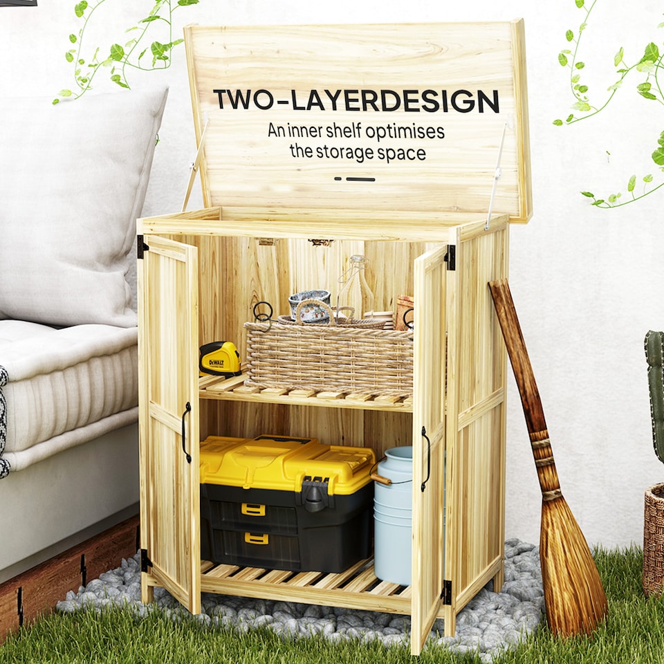 image 1 of Outsunny Wooden Garden Shed, Garden Tool Storage Shed with Hinged Roof and Shelf, Outdoor Storage Cabinet with Double Doors, Natural Wood Finish | White | 1