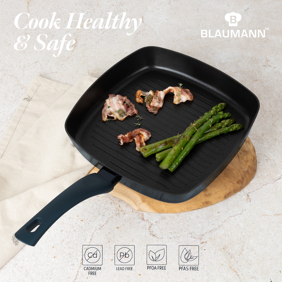 image 1 of Blaumann Cookware Frying Grill Pots Pan Saucepan Casserole Soft Touch Handle Lid | Black | Aquamarine | 26cm Ribbed Grill Pan - 2L