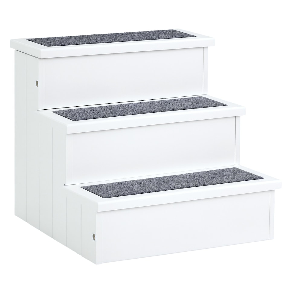 image 1 of PawHut 3 Step Wooden Dog Steps Pet Stairs Cat Ladder for Bed with Storage White