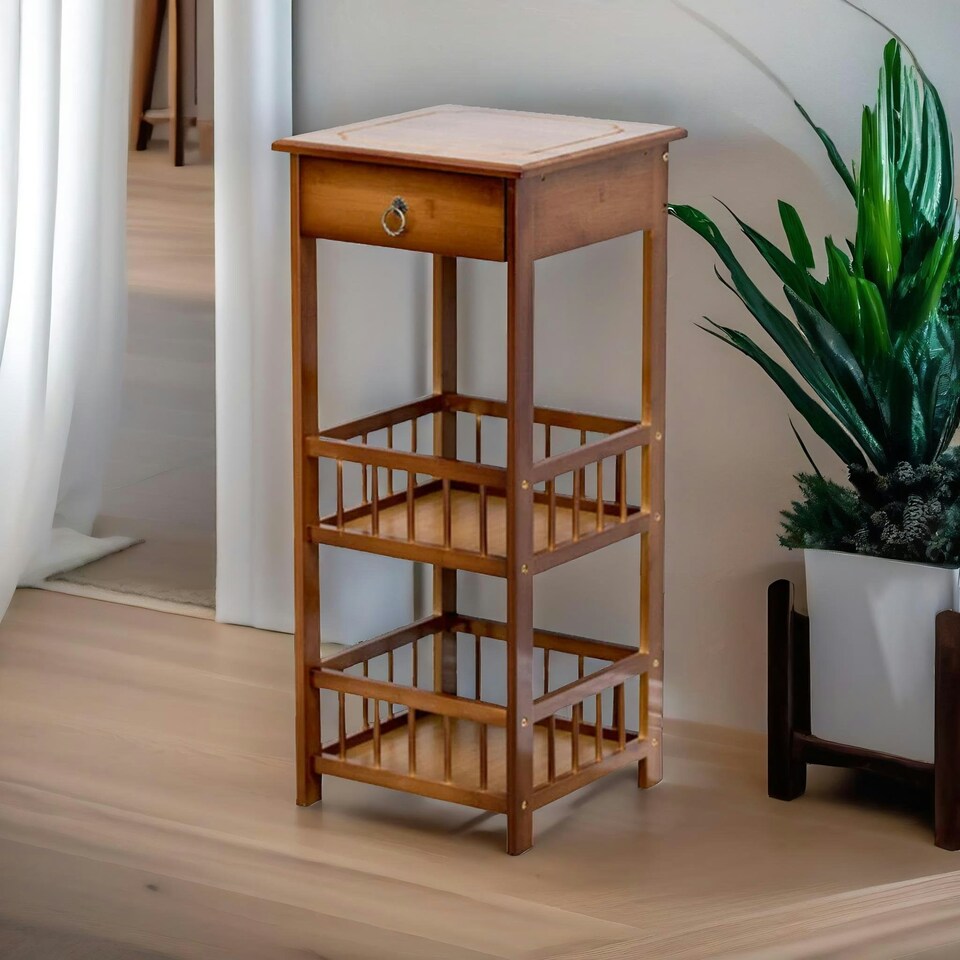 image 1 of 3 Tier Wooden Tall Side Table With Drawer Brown