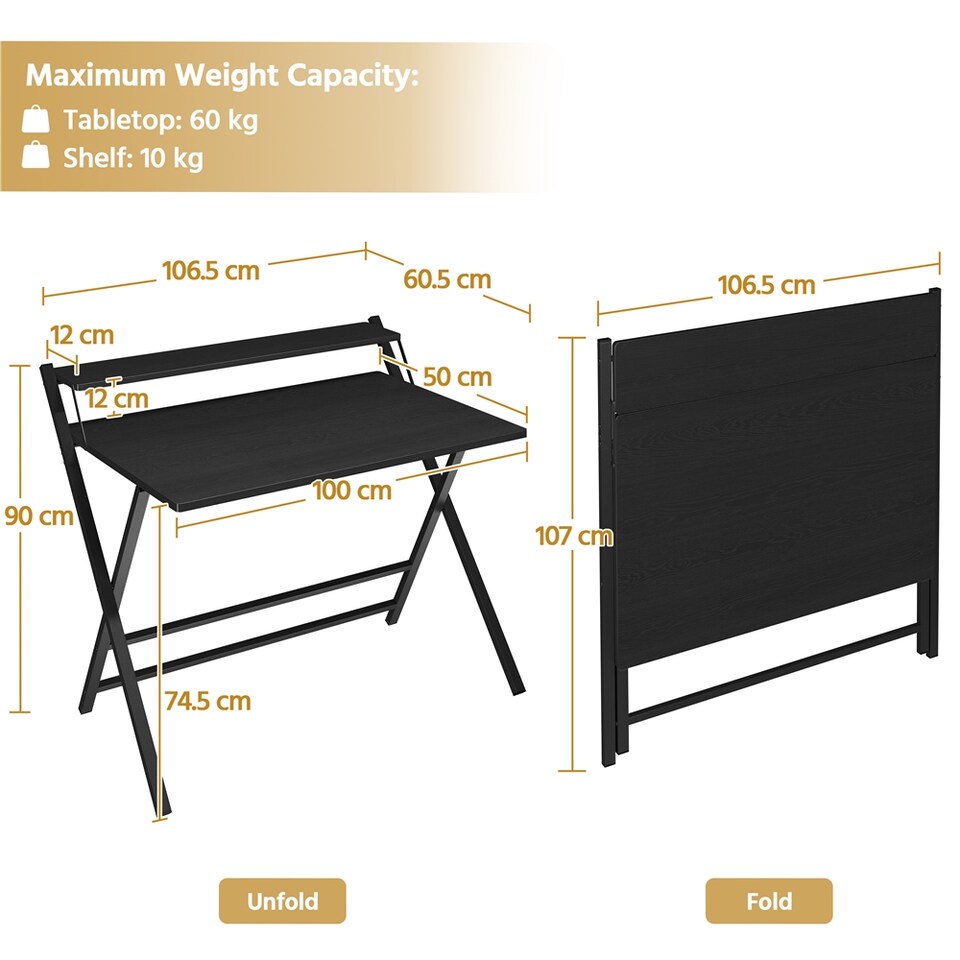 image 1 of Yaheetech 2-Tier Foldable Computer Desk with Monitor Shelf-Black | Black | Black | 106.5 cm L × 60.5 cm W × 90 cm H | 1