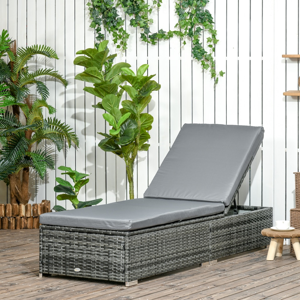 image 1 of Outsunny PE Rattan Sun Lounger, Five-level Adjustable Recliner Bed Chair with Soft Padded Cushion for Patio, Garden, Mixed Grey