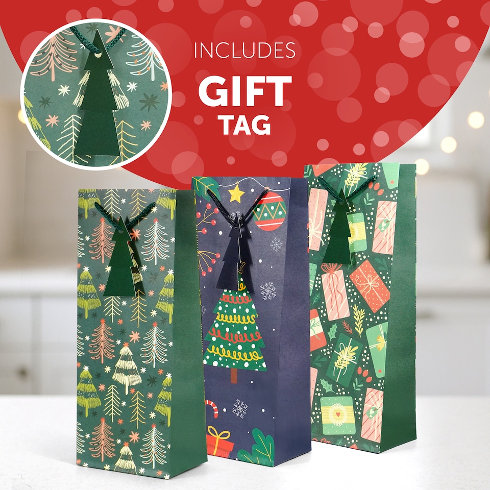 image 1 of Kraft and Co Christmas Wine Bottle Gift Bags with Cord Handles, 3 Pack