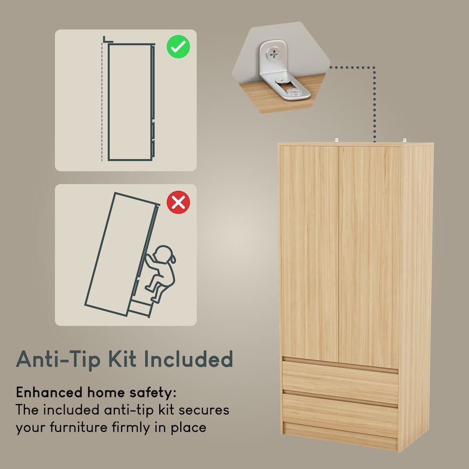 image 1 of Vida Designs Denver 2 Door 2 Drawer Wardrobe With Shelf & Clothes Rail, Pine