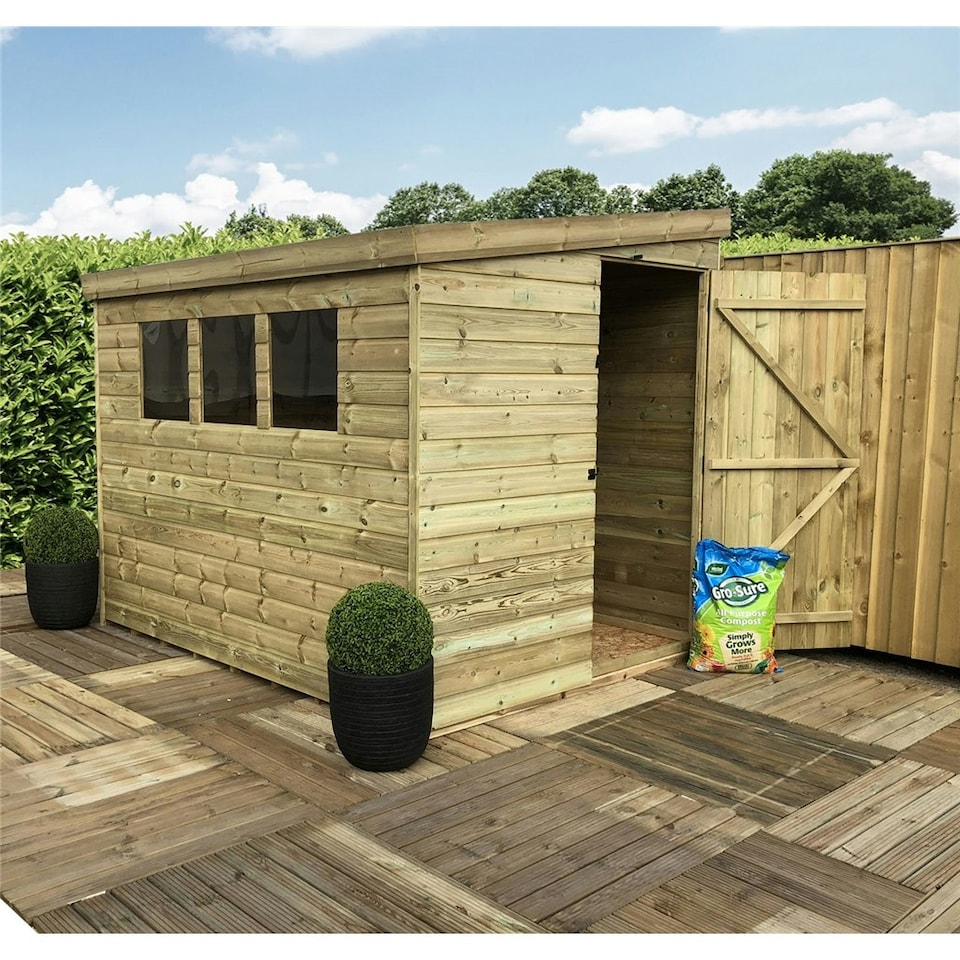 image 1 of 7 x 5 REVERSE Garden Shed Pressure Treated T&G PENT Wooden Garden Shed + 3 Windows + Single Door (7' x 5' / 7ft x 5ft) (7x5)