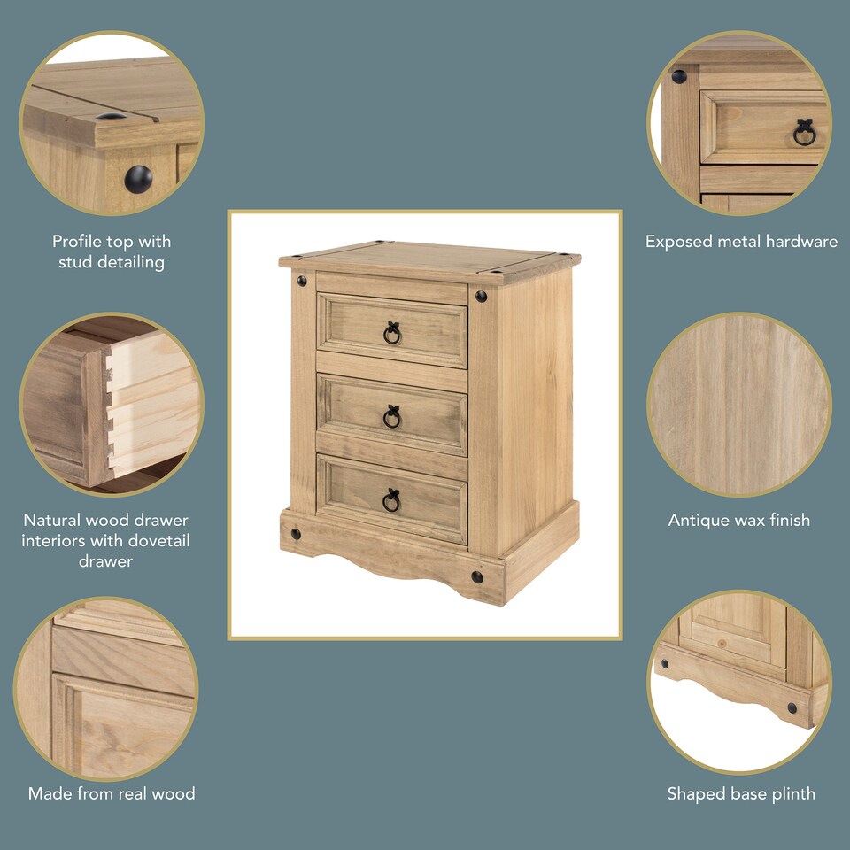 image 1 of Corona 3 Drawer Premium Bedside Table - Solid Pine Nightstand with Metal Hardware | Brown | Antique Waxed Pine | One Size | 1
