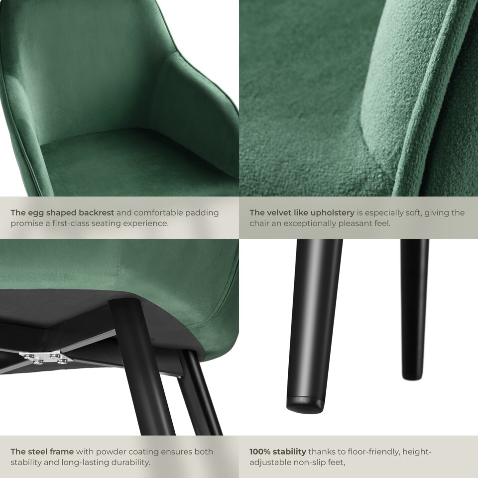 image 1 of Dining Chair Marilyn - with armrests, padded, velvet look, black steel legs | Green | dark green / black | 1
