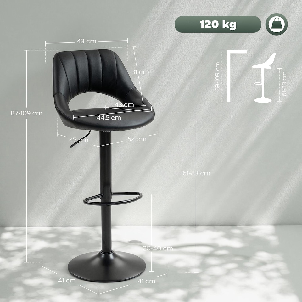 image 1 of HOMCOM Bar Stools Set of 2, Swivel Barstools with Adjustable Height, Backrest and Footrest,  Modern PU Leather Upholstered Breakfast Bar Chairs for Kitchen Island, Counter, Dining Room, Black | Black | Black