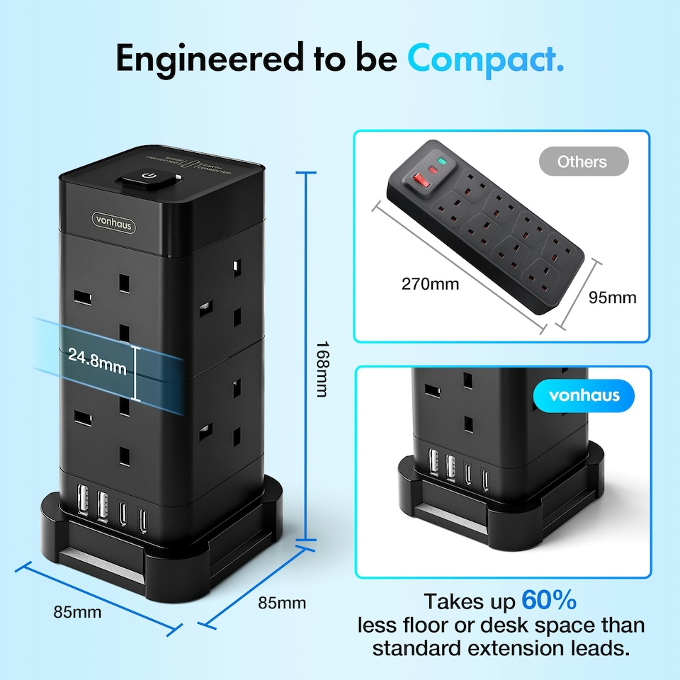 image 1 of VonHaus Tower Extension Lead with 8 Plugs and 2 USB-C Ports