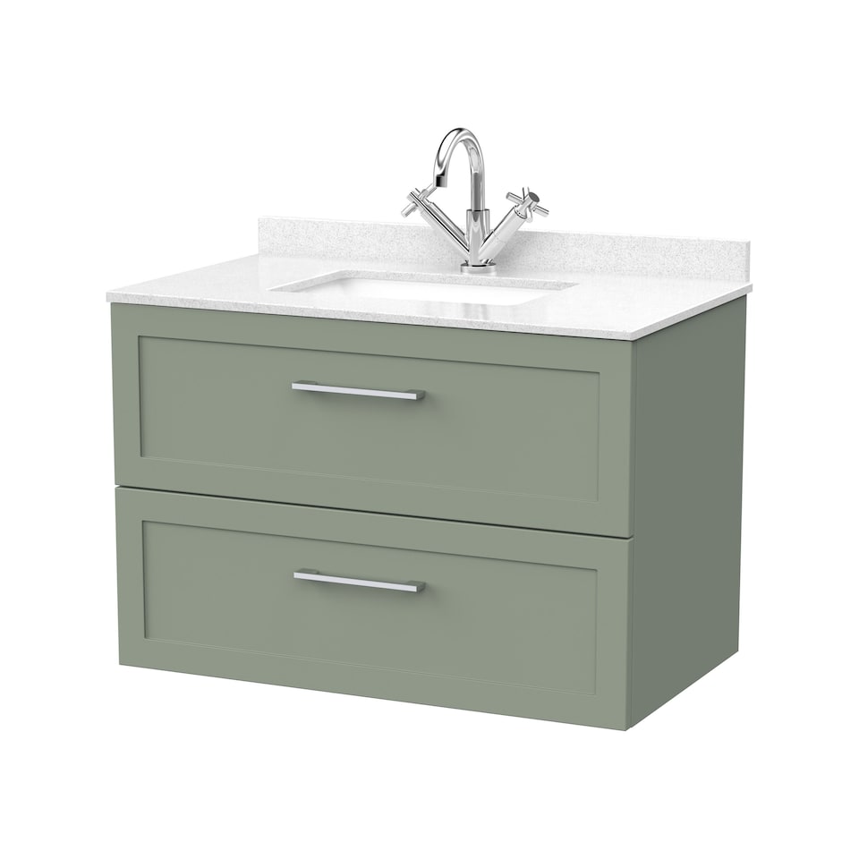 image 1 of Stonnall Traditional Wall Hung 2 Drawers Vanity Unit with Marble Top with Basin, 800mm, Reed Green