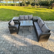Fimous Outdoor Lounge Sofa Set Wicker PE Rattan Garden Furniture Set with Rectangular Dining Table Reclining Chair 2 Side Tables Dark Grey Mixed