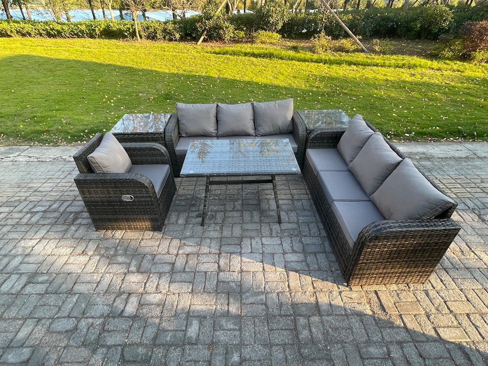 image 1 of Fimous Outdoor Lounge Sofa Set Wicker PE Rattan Garden Furniture Set with Rectangular Dining Table Reclining Chair 2 Side Tables Dark Grey Mixed