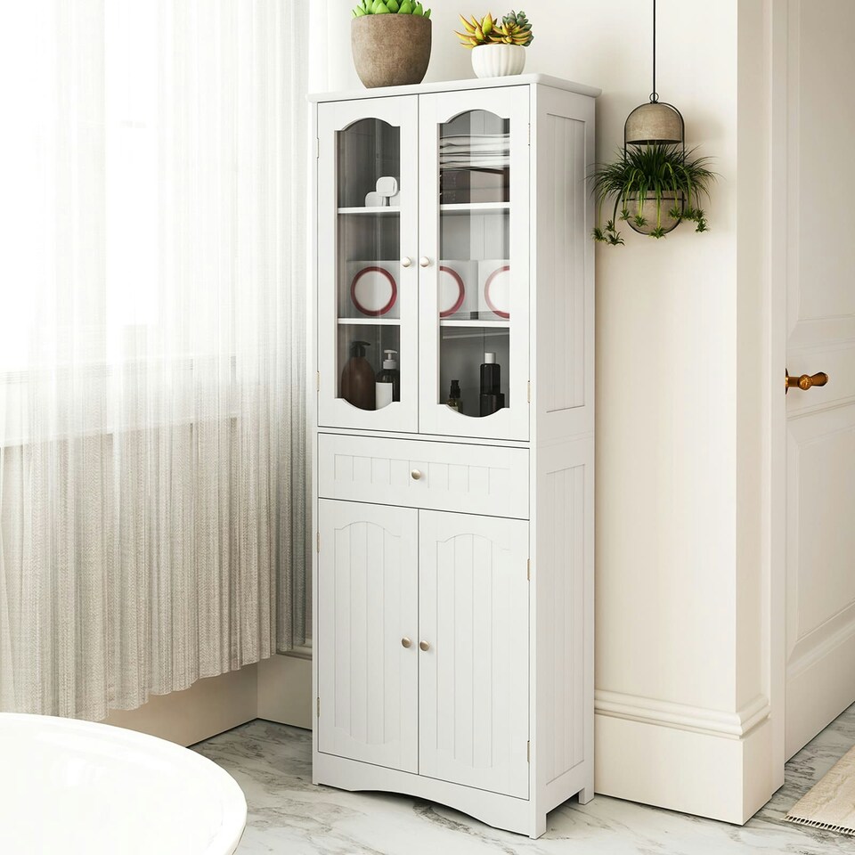 image 1 of COSTWAY 160cm Bathroom Storage Cabinet Freestanding White White