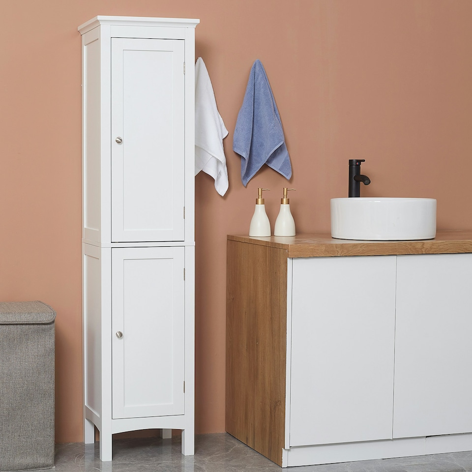 image 1 of kleankin Tall Bathroom Cabinet with Adjustable Shelves, Double Door, White White