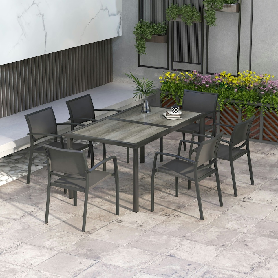 image 1 of Outsunny 7 Pieces Patio Dining Set with 6 Stackable Chairs for Poolside