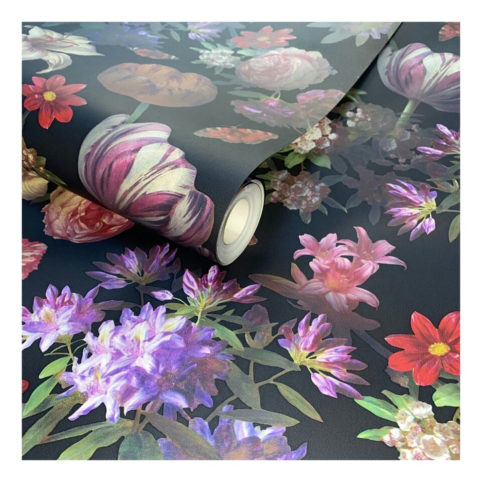 image 1 of World of Wallpaper Brigette Floral Wallpaper - Black/Multicoloured - 10m x 52cm Black