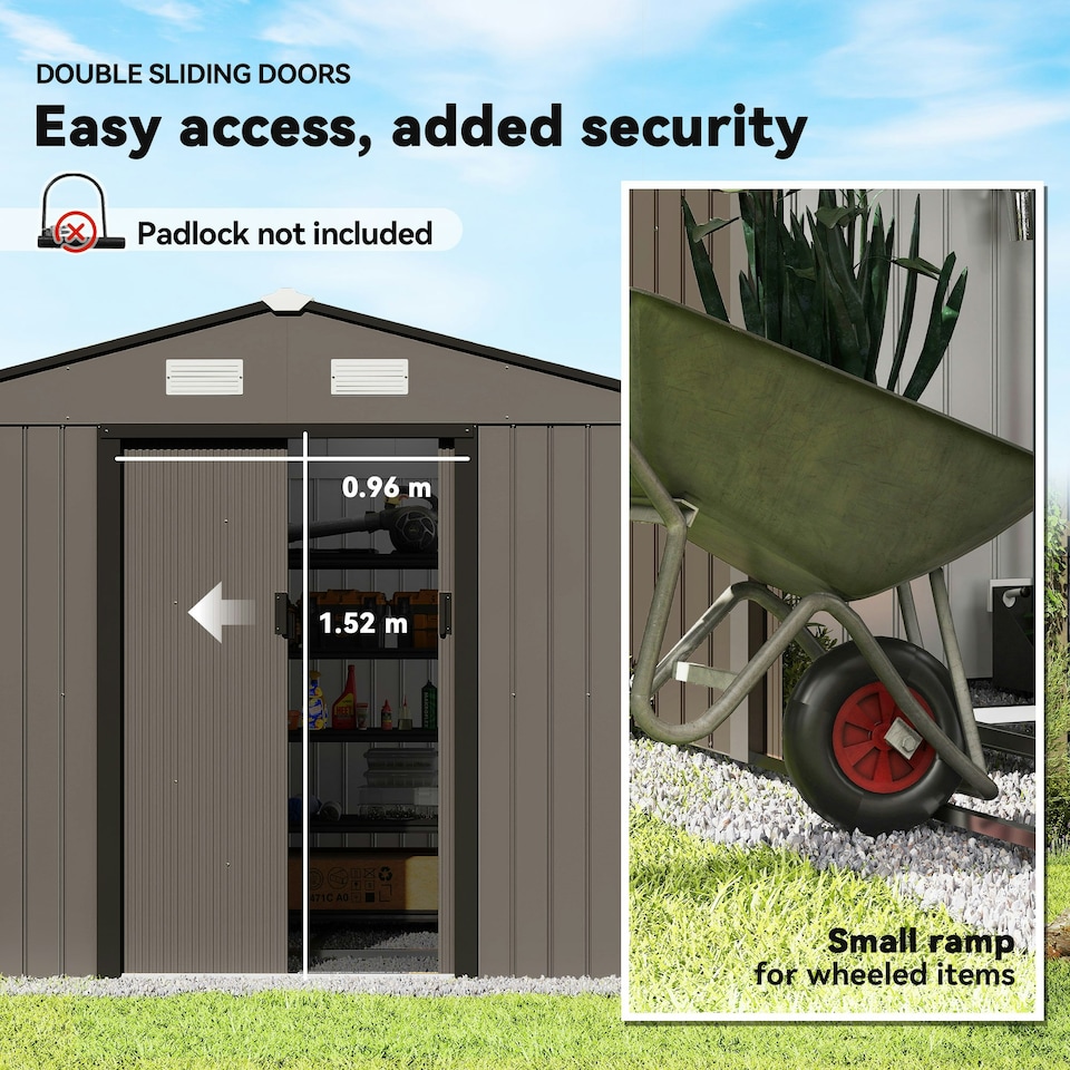 image 1 of Outsunny 9 x 6FT Galvanised Garden Storage Shed with Sliding Door, Brown