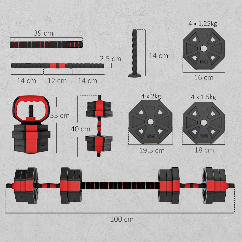 image 1 of SPORTNOW 6-in-1 Adjustable Weight Dumbbells Set, 20kg Free Weights Set, Red