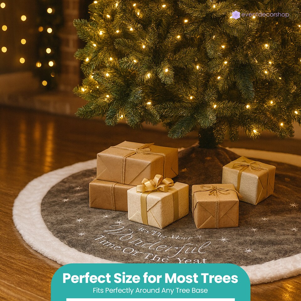 image 1 of 100cm Grey & White Velvet Christmas Tree Skirt, Xmas Tree Floor Mat Cover