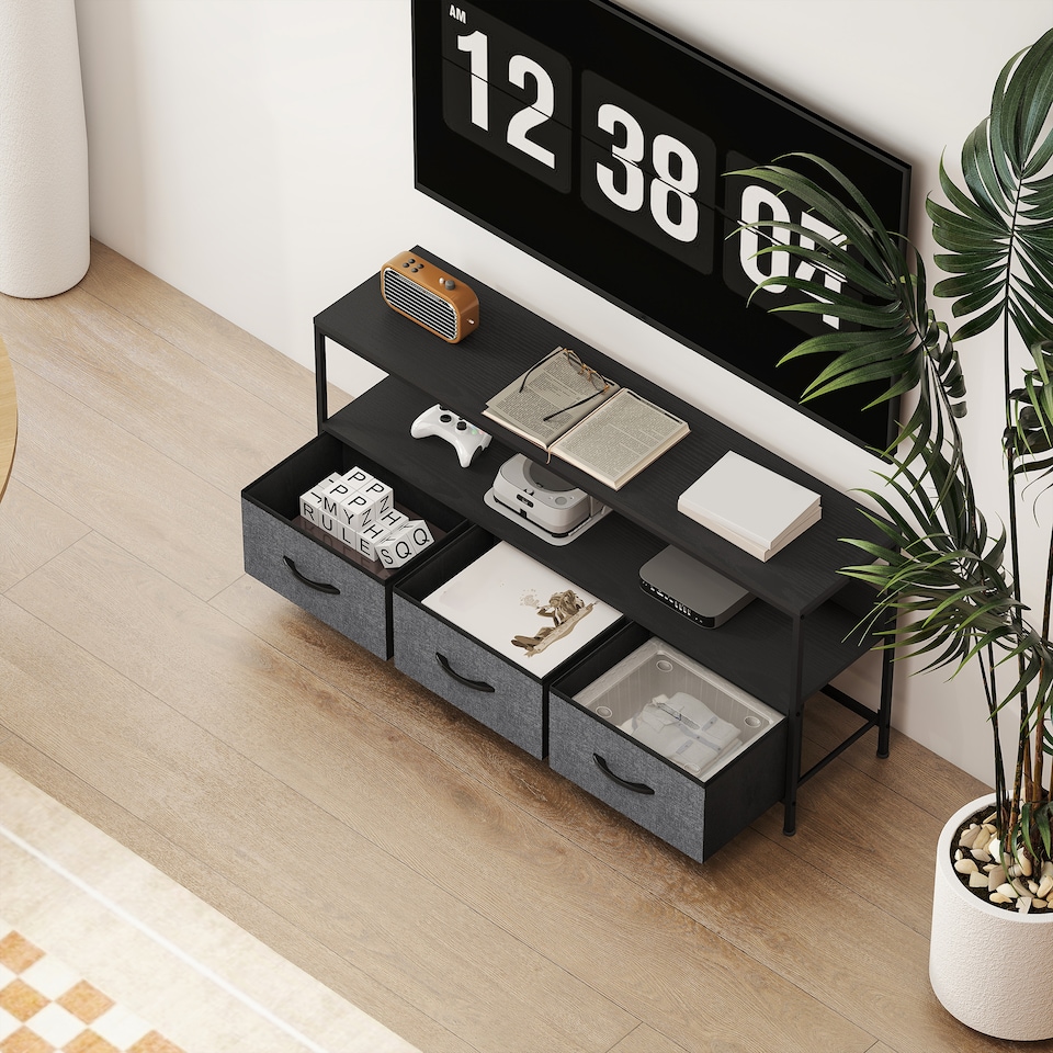 image 1 of HOMCOM TV Stand Cabinet up to 55-inch, TV Unit with 3 Foldable Linen Drawers, Open Shelf for Living Room, Bedroom, Entertainment Room, Black | Black