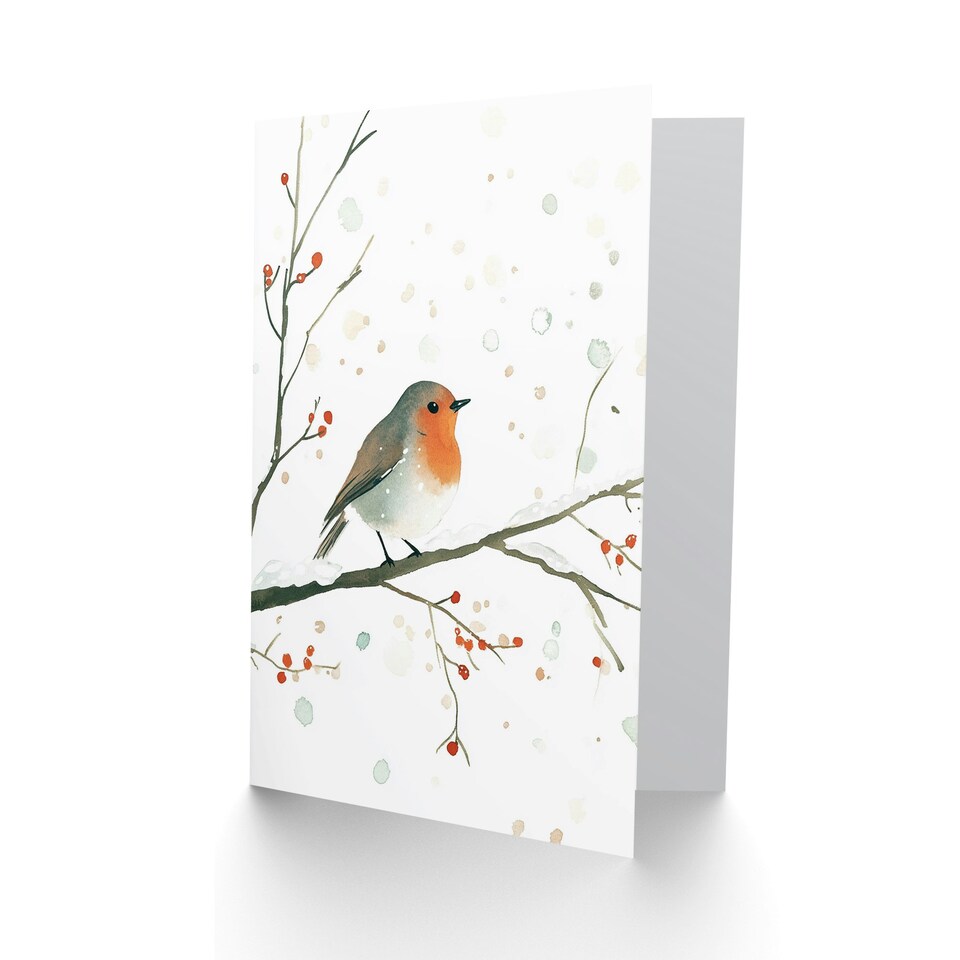 image 1 of Robin Bird Snow Winter Berry Tree Festive Xmas Blank Christmas Card