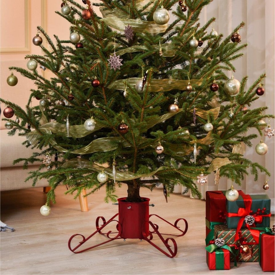 image 1 of Holly International Traditional Metal Scroll Leg Christmas Tree Stand for Real Trees to 3m - Red