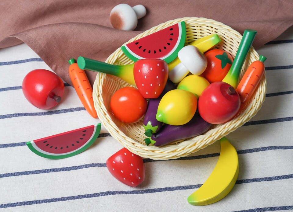 image 1 of Hooga Wooden Play Food Set with Basket - 20 Pieces of Fruits & Vegetables