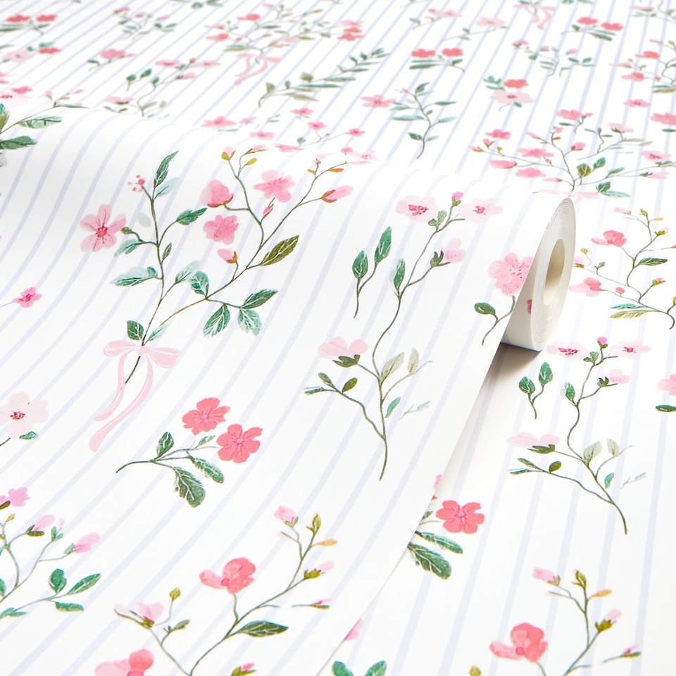 image 1 of Floral Pinstripe Wallpaper in Pink and Blue | Pink | Pink | 50cm x 10m