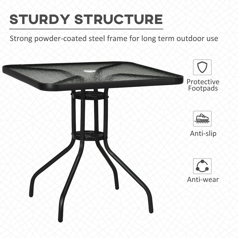image 1 of Outsunny 76 cm Square Dining Table with Parasol Hole, Outdoor Coffee End Side Table with Tempered Glass Top, Steel Frame for Garden, Patio, Black