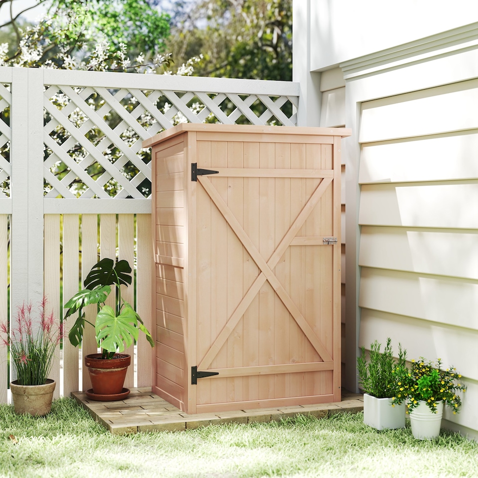 image 1 of Outsunny Wooden Garden Shed, Outdoor Storage Small Shed with 2 Shelves, Sloped Roof and Bolt Latch, Compact Utility Tool Cabinet Organiser for Yard Patio Garage, 75 x 56 x 115 cm, Natural