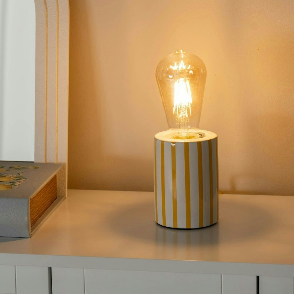 image 1 of ValueLights Small Ceramic White & Yellow Candy Stripe Design Bedside Table Lamp - Bulb Included