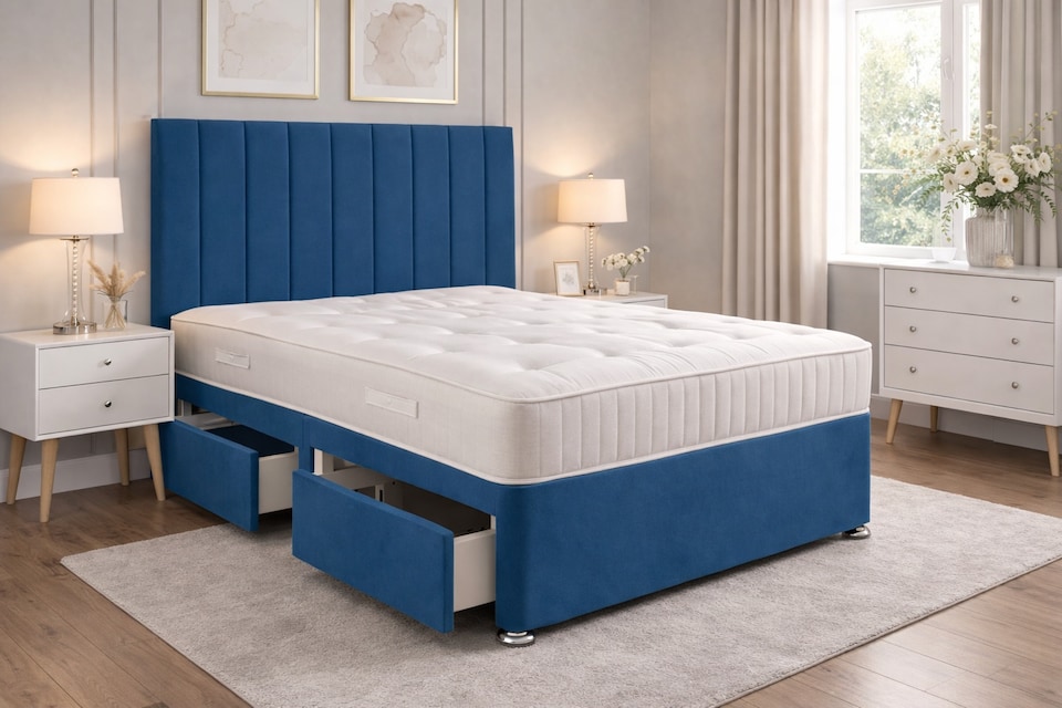 Single 3ft Divan Blue Plush bed set with headboard and mattress storage 2 Drawers Same Side