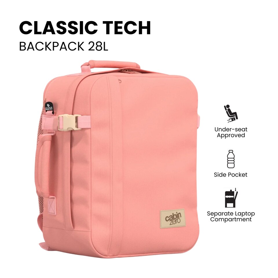 CabinZero Classic Tech Backpack 28L, Underseat Approved & Padded Laptop Sleeve | Pink | Pinku