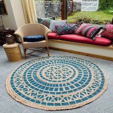 MANDALA Pattern Round Turquoise Rug with Block Print - Jute - L150 x W150 Multi
