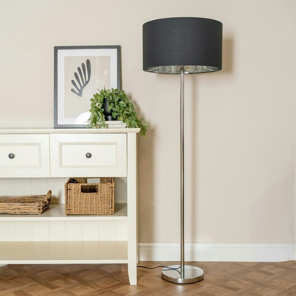 image 1 of ValueLights Charlie Chrome Floor Lamp Black Chrome Shade & Bulb
