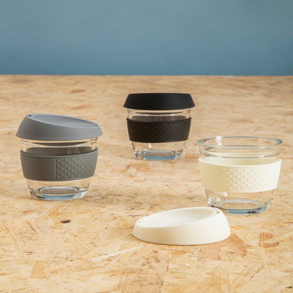 image 1 of Interiors by Premier Glass Mug With Grey Silicone Lid, Glass Coffee Mug With Silicone Lid and Cork Wrap, Glass Mug With Lid