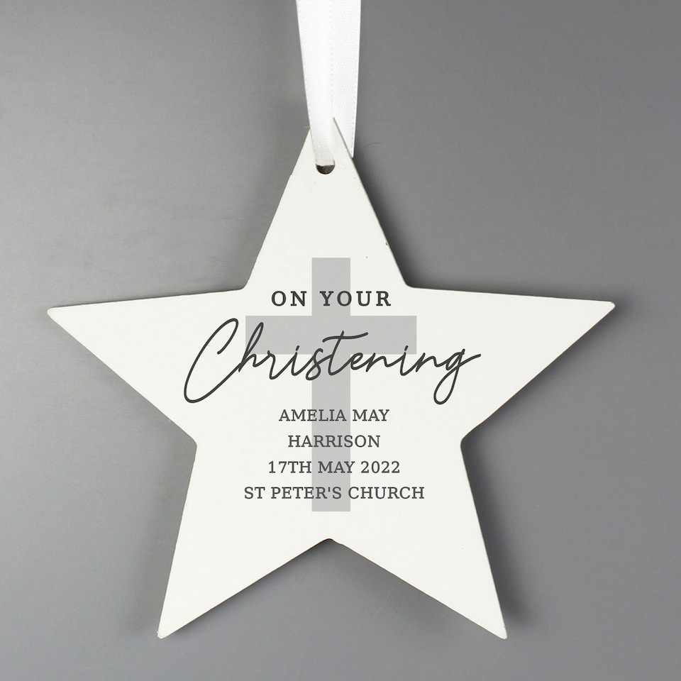 image 1 of Personalised On Your Christening Wooden Star Decoration