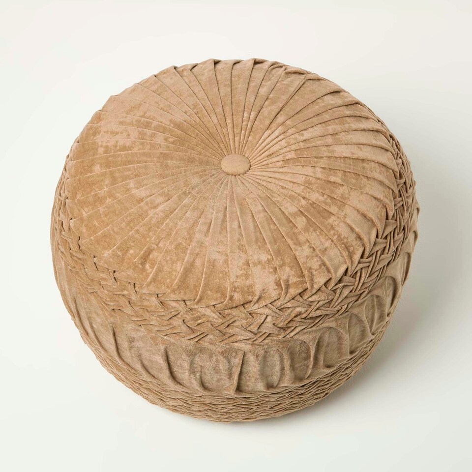 image 1 of Homescapes Sofia Pleated Velvet Taupe Pouffe