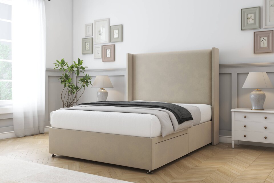 image 1 of Sloomy Devonshire Almond Coniston Divan Bed With Mattress No Drawers With 54" Wingback Headboard 4'6 Double | Cream | Almond | Double | 1